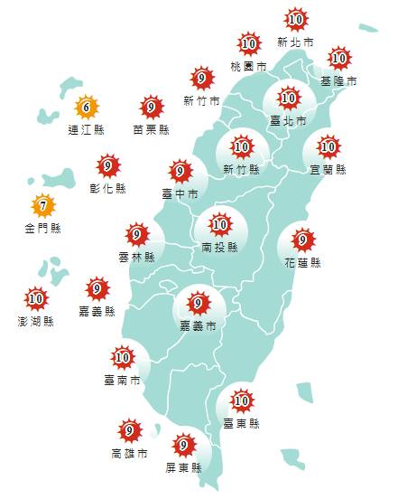 今日各地紫外線指數預報概況。(圖擷自中央氣象署網站)