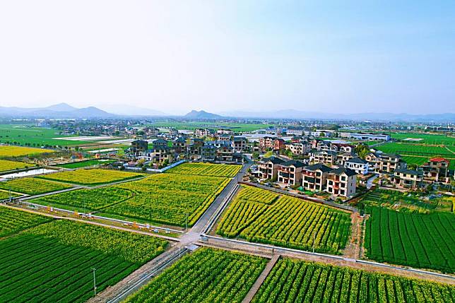 An aerial drone photo taken on March 22, 2024 shows a view of Yong'an Village in Yuhang District, Hangzhou City, east China's Zhejiang Province. (Photo by Hong Yunfeng/Xinhua)