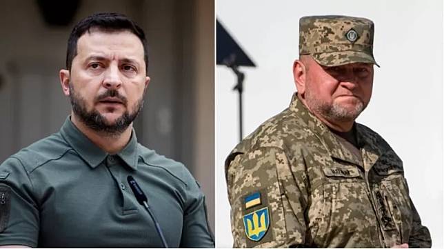 有傳聞指烏克蘭總統澤連斯基(左)與烏軍總司令扎盧日內(右)遭對俄政策產生矛盾。 (圖：翻攝自邵永靈)