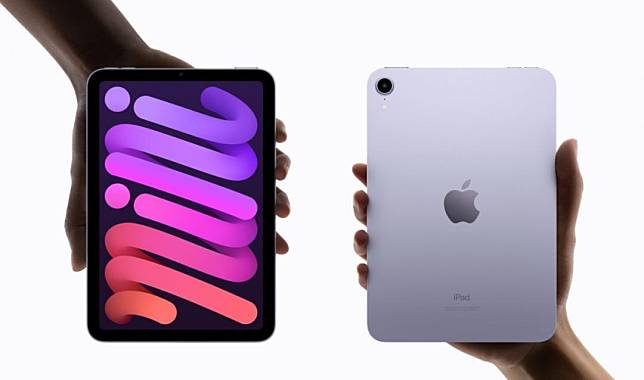 2021年推出的 iPad mini 6 ，致敬 iPad Air 4 設計，有扁平的邊框並推出黑、銀、紫、粉四種顏色選擇。WiFi版64GB機型，售價為1.69萬元。(圖翻攝蘋果官網)
