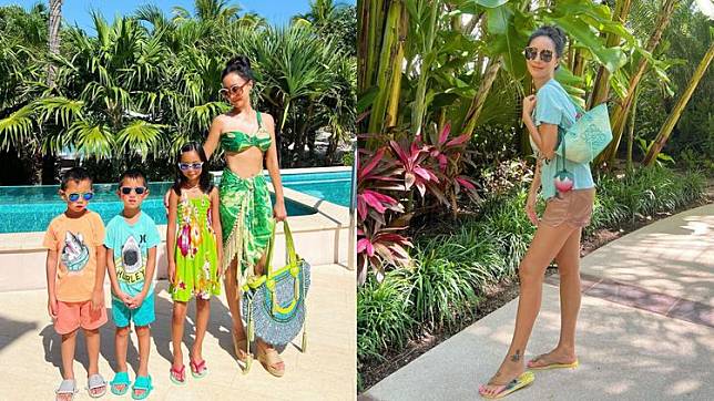 名媛關穎（左圖右、右圖）今7月2日過42歲生日，她和家人正在加勒比海島國巴哈馬度假兼慶生。翻攝kwanterri IG