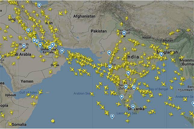 印度與巴基斯坦之間的衝突，讓印度關閉至少8個商業機場，而巴國也關閉領空，使該地區航班大亂。（取自Flightradar24.com臉書）