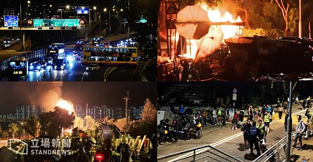 香港政務司長張建宗今晚表明拒談條件後，引發占領中文大學的反送中示威者不滿，再度全面封堵吐露港公路，重置路障、焚燒二號橋後方一輛廢棄車。   圖：翻攝立場新聞