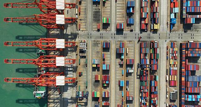 This aerial photo taken on May 9, 2023 shows the container terminal at Lianyungang Port, east China's Jiangsu Province. (Photo by Geng Yuhe/Xinhua)