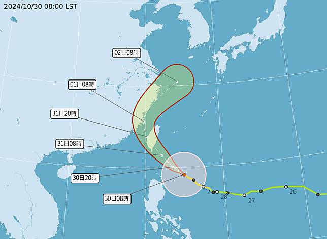 「康芮」颱風潛勢路徑圖。 (圖:中央氣象署)