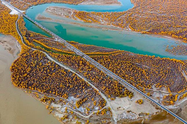 Aerial photo taken on Oct. 22, 2020 shows the autumn scenery of desert poplar (populus euphratica) forest along the Tarim River in Xayar County, northwest China's Xinjiang Uygur Autonomous Region. (Xinhua/Hu Huhu)