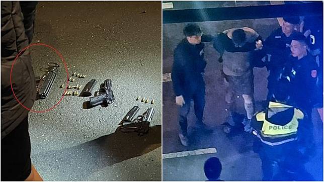 楊姓悍匪(右圖)遭逮捕後，警方起出他持有火力強大的「蠍式全自動手槍VZ61」(左圖紅圈處)。左圖翻攝自記者爆料網、右圖翻攝自臉書