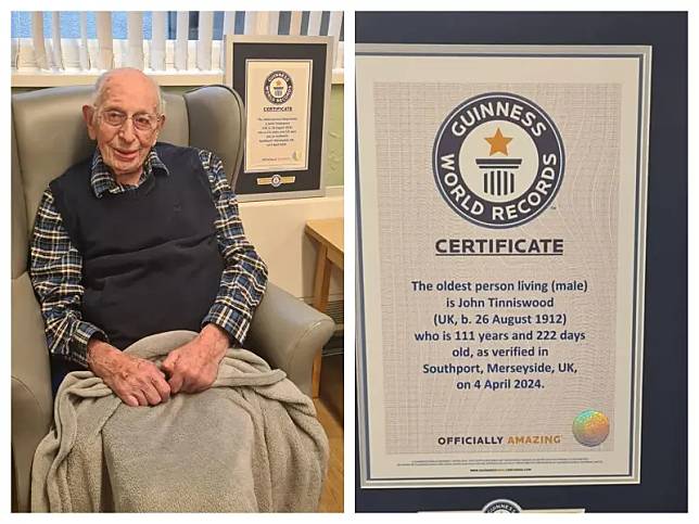 ▲英國一位1912年出生的高齡人瑞廷尼斯伍德（John Alfred Tinniswood），是金氏世界紀錄認證目前全球最長壽的男人。（圖／翻攝自臉書）