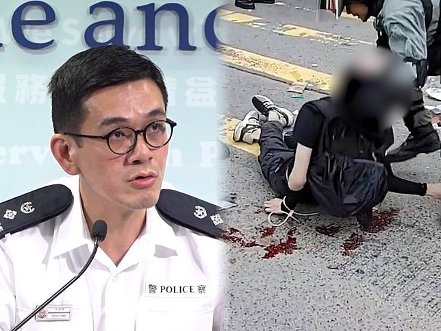 江永祥（左）解釋，嘗試扶起中槍男子的警員最初不知被捕男子傷勢，強調警方無意加重被捕人士傷勢。