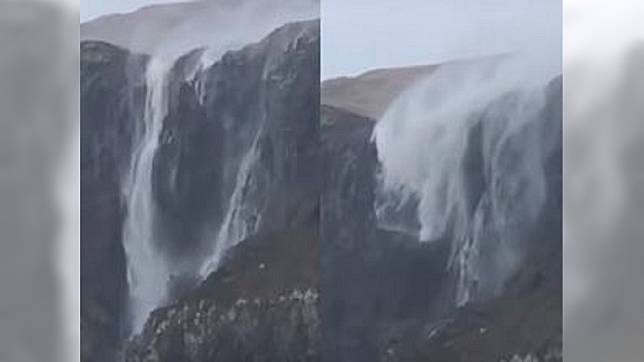 颶風侵襲蘇格蘭，造成景點瀑布「逆流而上」。圖／翻攝自YouTube