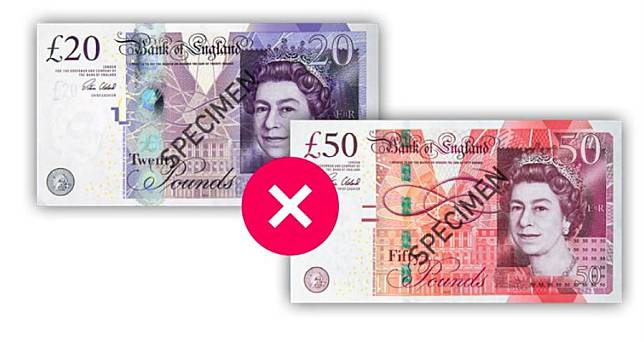 英國央行在官網上提醒，20英鎊和50英鎊的舊紙鈔僅能使用到9月底。（翻攝英國央行官網）