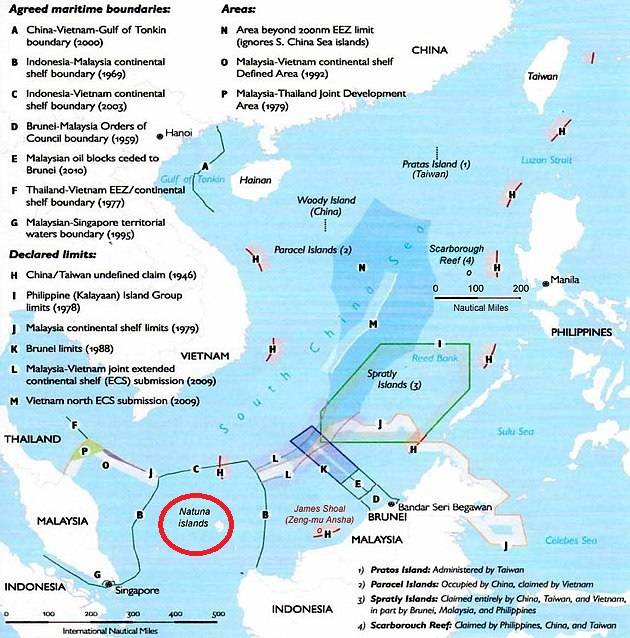 印尼的納土納群島週邊海域與中國的九段線有重疊，雙方因此發生齟齬   圖：美國國防部提供　Public Domai