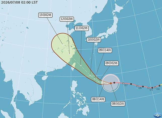氣象署公布颱風最新路徑，顯示在週五晚間至週六白天會最接近台灣。   圖：氣象署提供