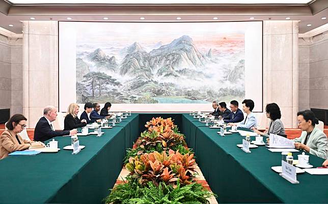 Chinese State Councilor Shen Yiqin meets with the UN Children's Fund (UNICEF) Executive Director Catherine Russell in Beijing, capital of China, Oct. 14, 2024. (Xinhua/Yan Yan)