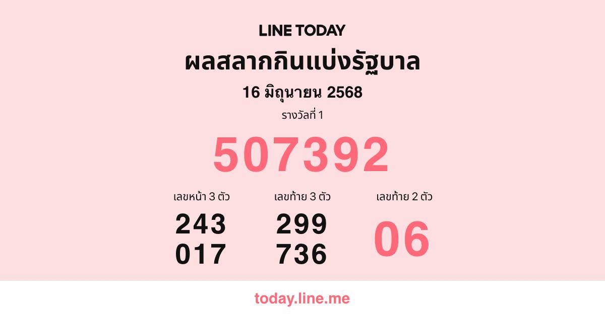 16 06 2568 ผลสลากกินเเบ่งรัฐบาล | LINE TODAY