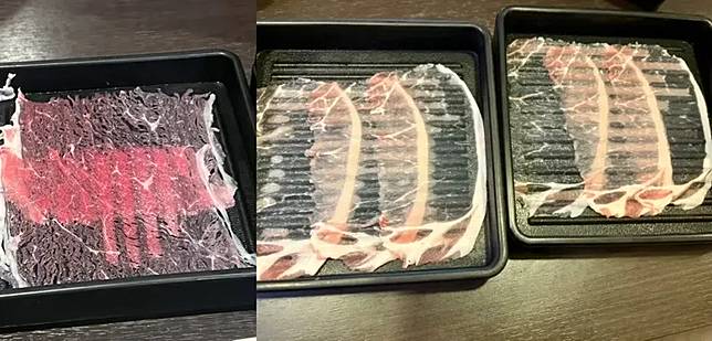 日本知名吃到飽火鍋「涮乃葉」近日爆發肉片過薄爭議，網友上傳的照片顯示肉片薄到可透視餐盤底部。（翻攝自X）