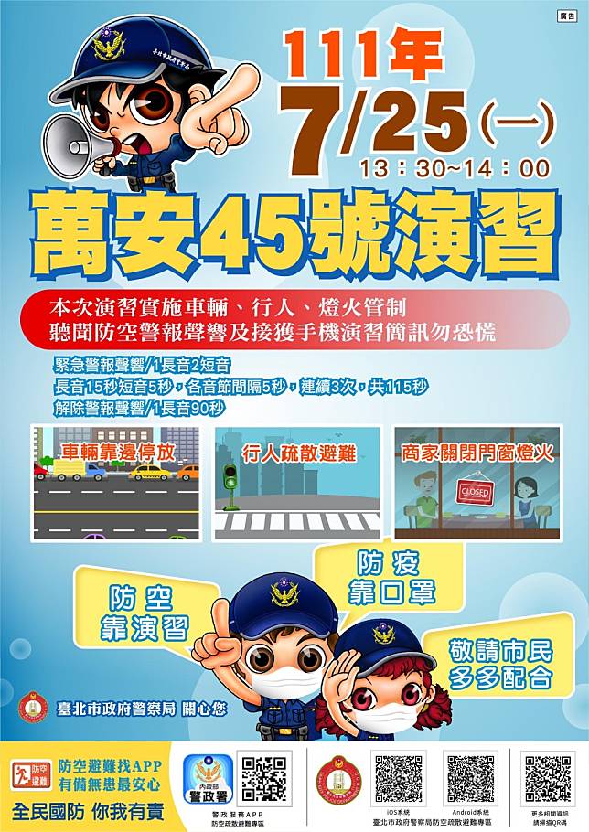 萬安45號演習7月25日13時30分登場。（圖／台北市政府提供）