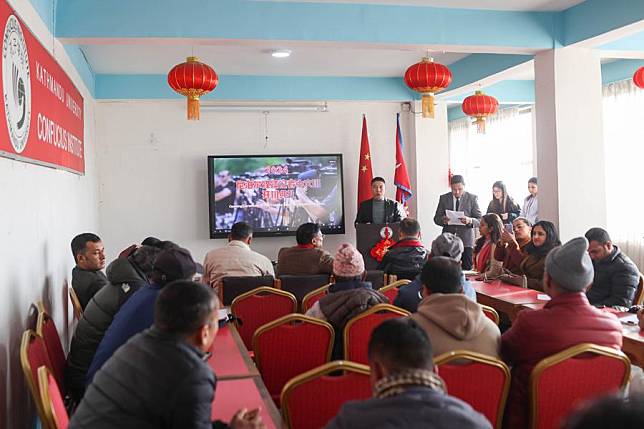 Li Shuangcheng, director of the Confucius Institute at Kathmandu University, addresses the opening ceremony of a Chinese class for Nepalese journalists at the Confucius Institute in Lalitpur, Nepal, Dec. 16, 2024. (Photo by Sulav Shrestha/Xinhua)