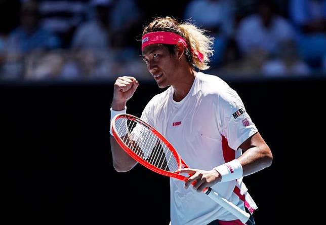 Zhang Zhizhen celebrates scoring during the men's singles first round match against Holger Rune of Denmark at the Australian Open tennis tournament in Melbourne, Australia, Jan. 14, 2025. (Xinhua/Ma Ping)