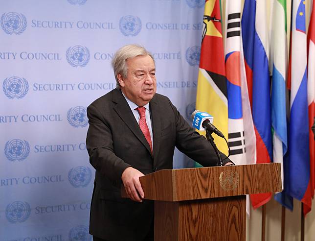 UN Secretary-General Antonio Guterres speaks to the press outside the Security Council Chamber at the UN headquarters in New York, on May 7, 2024. (Xinhua/Xie E)