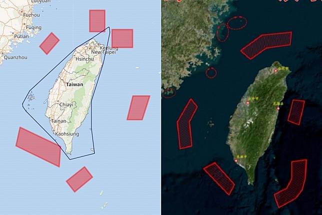 2022年環台軍演（左）與2024年「聯合利劍」環台軍演（右）操演範圍比較圖。（取自東部戰區微信公眾號、人民日報）