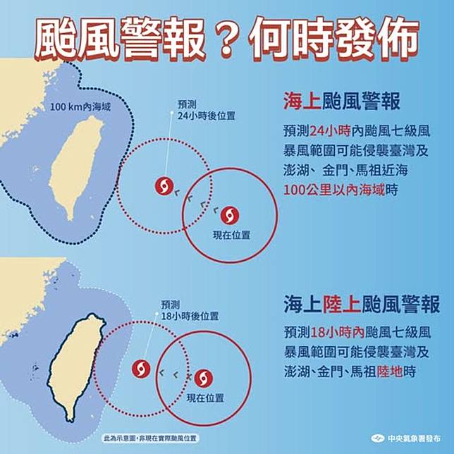 氣象署公布發布颱風海陸警時機。（圖／翻攝自報天氣 - 中央氣象署FB）