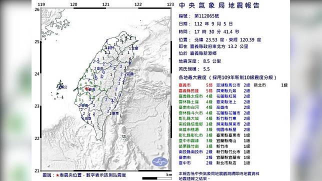 今（5）日下午5點半發生全台有感淺層地震。（圖／氣象局）