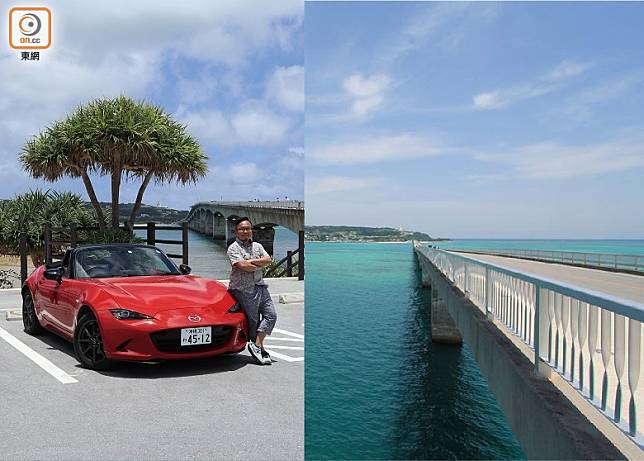 駕車駛經古宇利大橋，兩旁的碧藍海面靚到暈。（李家俊攝）