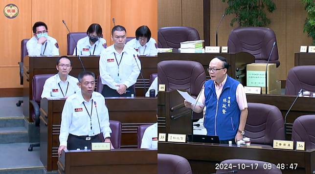 林政賢針對增設雙口式消防栓、消防安全檢查、桃園市民卡APP，以及1999專線等議題提出質詢。圖：林政賢提供