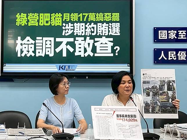 國民黨團質疑前綠委賴坤成被安插到國營事業旗下基金董座，月領超過17萬、成天卻只搞大罷免，其中還涉及期約賄選，質問檢調難道都不敢查？（圖：國民黨立法院黨團臉書）
