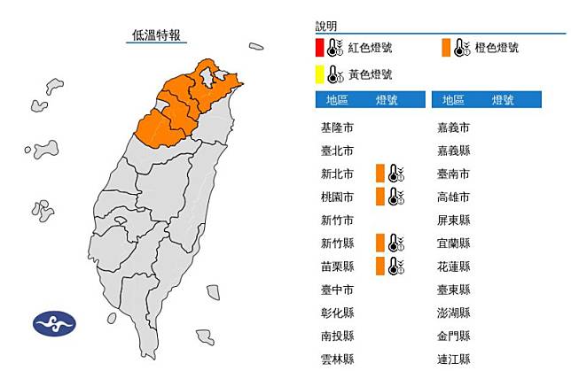 中央氣象署14日下午針對新北市、桃園市、新竹縣和苗栗縣等4北台灣縣市發布橘色低溫特報。 圖：中央氣象署／提供