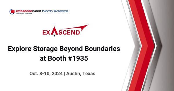 Visit Exascend at Booth 1935 at embedded world North America 2024 to explore cutting-edge storage solutions for automotive, aerospace, and industrial applications.