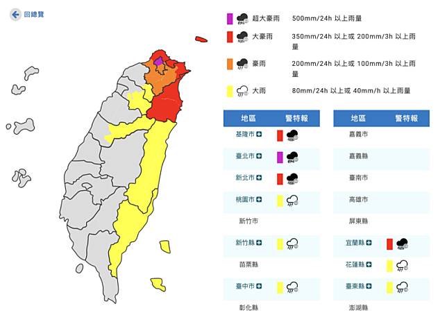 北部地區受颱風外圍環流、東北季風共伴影響，部分地區將降下豪大雨，基北北宣布，明天照常上班上課。 圖：中央氣象署