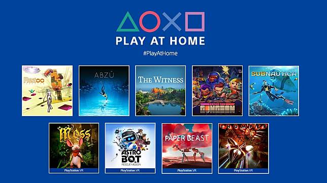 「Play at Home」本輪十款遊戲包括：《Abzu》、《Enter the Gungeon》、《Rez Infinite》、《Subnautica》、《The Witness》、《地平線：期待黎明》以及四款VR導向遊戲《Astro Bot Rescue Mission》、《Moss》、《Thumper》、《Paper Beast》。   圖：翻攝自PS部落格