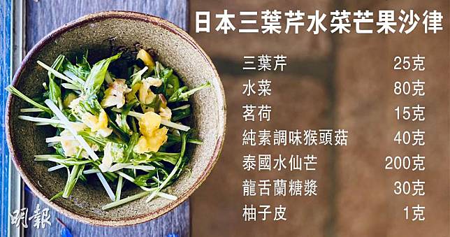 Green Monday食譜：日本三葉芹水菜芒果沙律（圖片由受訪者提供／明報製圖）