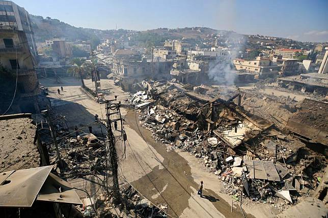 This photo taken on Oct. 13, 2024 shows the destruction caused by Israeli airstrikes in Nabatieh, Lebanon. (Photo by Ali Hashisho/Xinhua)