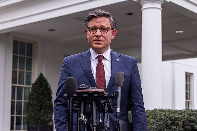 U.S. House Speaker Mike Johnson speaks to the press outside the West Wing of the White House in Washington, D.C., the United States, Feb. 27, 2024. (Photo by Aaron Schwartz/Xinhua)