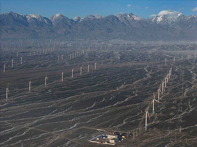 An aerial drone photo taken on Dec. 28, 2024 shows wind turbines in Dabancheng, also known as &ldquo;China's Wind Valley,&rdquo; in northwest China's Xinjiang Uygur Autonomous Region. (Xinhua/Hu Huhu)