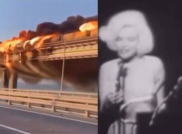 烏克蘭高級官員發布一段大橋起火影片，搭配瑪麗蓮夢露高唱生日快樂歌的影片。 圖：翻攝推特