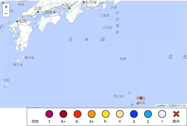 位於東京以南1000多公里外海的小笠原群島於今晨6點9分(台灣時間5點9分)發生規模6.3地震，震央位於父島的近海，地震深度70公里。(圖擷自日本氣象廳)