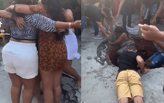 巴西7名女子在一場派對中跳舞時地面突然塌陷，墜入3公尺深的天坑中。（翻攝自raiodesollau TikTok）