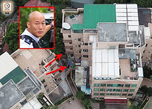 李漢民(小圖)位於元朗采茵軒住所疑僭建3間玻璃屋，工人今日已拆走其中2間（箭咀示）。　