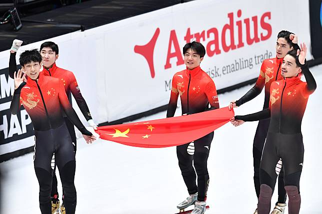 Chinese skaters celebrate after the men's 5,000m relay final A at the ISU World Short Track Speed Skating Championships 2024 in Rotterdam, the Netherlands, March 17, 2024. (Xinhua/Lian Yi)