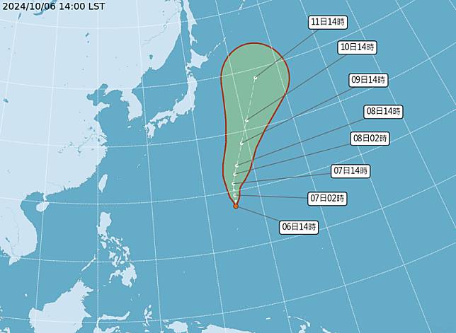 熱帶性低氣壓TD23今日14時的中心位置在北緯17.4度，東經145.2度，以每小時17公里速度，向北北東進行。（氣象署提供）