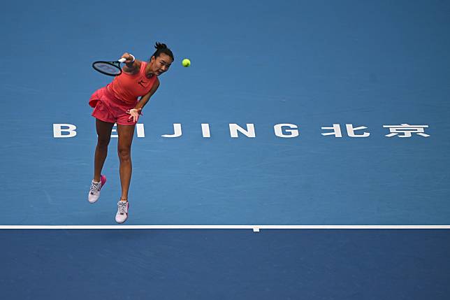 Yuan Yue of China serves during the women's singles second round match at 2024 China Open tennis tournament in Beijing, capital of China, on Sept. 28, 2024. (Xinhua/Zhang Long)