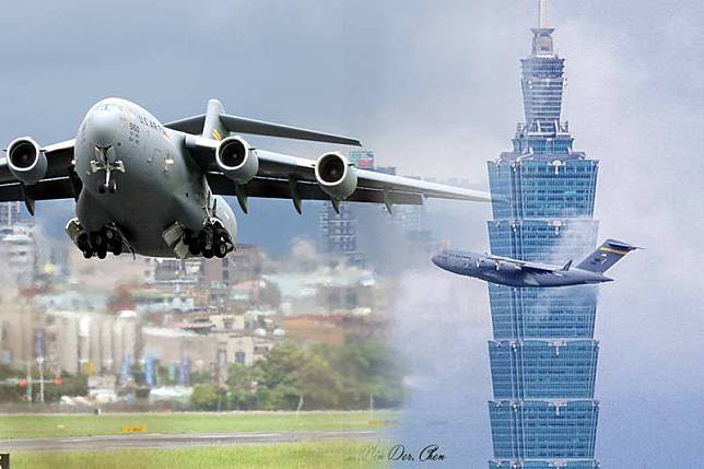 C-17飛離台北時，正好經過101大樓，熱愛攝影的醫師陳銘德正好拍下他們。(本報合成，陳銘德授權使用)