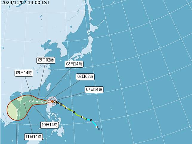 「銀杏」轉強颱，對台灣沒有直接影響，但外圍環流會為北部、東半部帶來明顯雨勢。（圖：氣象署網站）