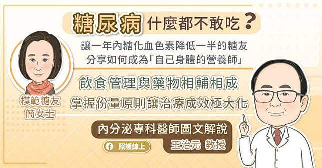 糖尿病什麼都不敢吃？ 讓一年內糖化血色素降低一倍的糖友，分享如何成為「自己身體的營養師」  糖尿病飲食管理與藥物相輔相成，掌握份量讓治療成效極大化 內分泌專科醫師圖文解說