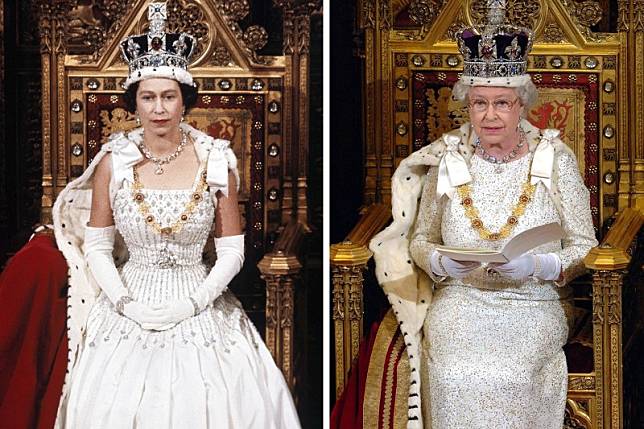 左為英國女王伊莉莎白二世1966年4月主持國會開幕大典，右為她在2006年11月主持主持國會開幕大典（美聯社）