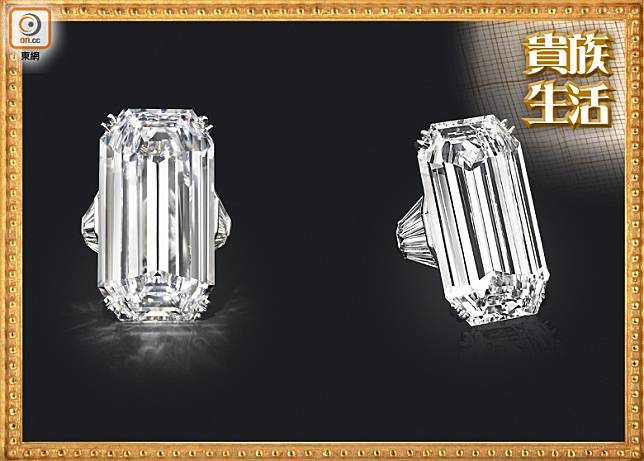 Mirror of Paradise鑽石戒指，鑲嵌一顆重達52.58卡、D Colour及IF級數的巨型Golconda鑽石。成交價US$6,517,500（約HK$5,070萬）（互聯網）